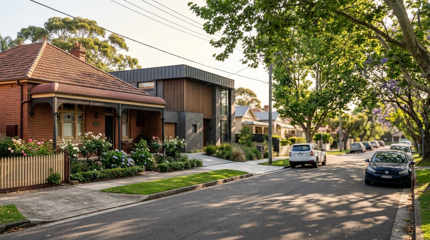 Sydney suburban streetscape with Federation homes alongside modern infill architecture