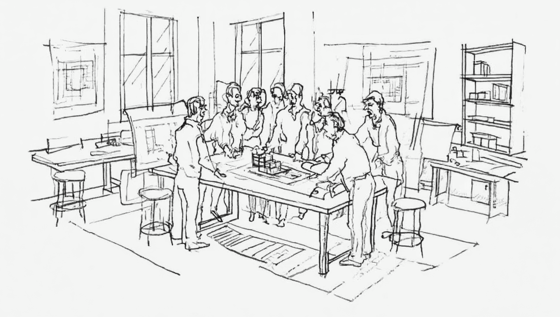 Architectural collaboration sketch showing designers working together on a project