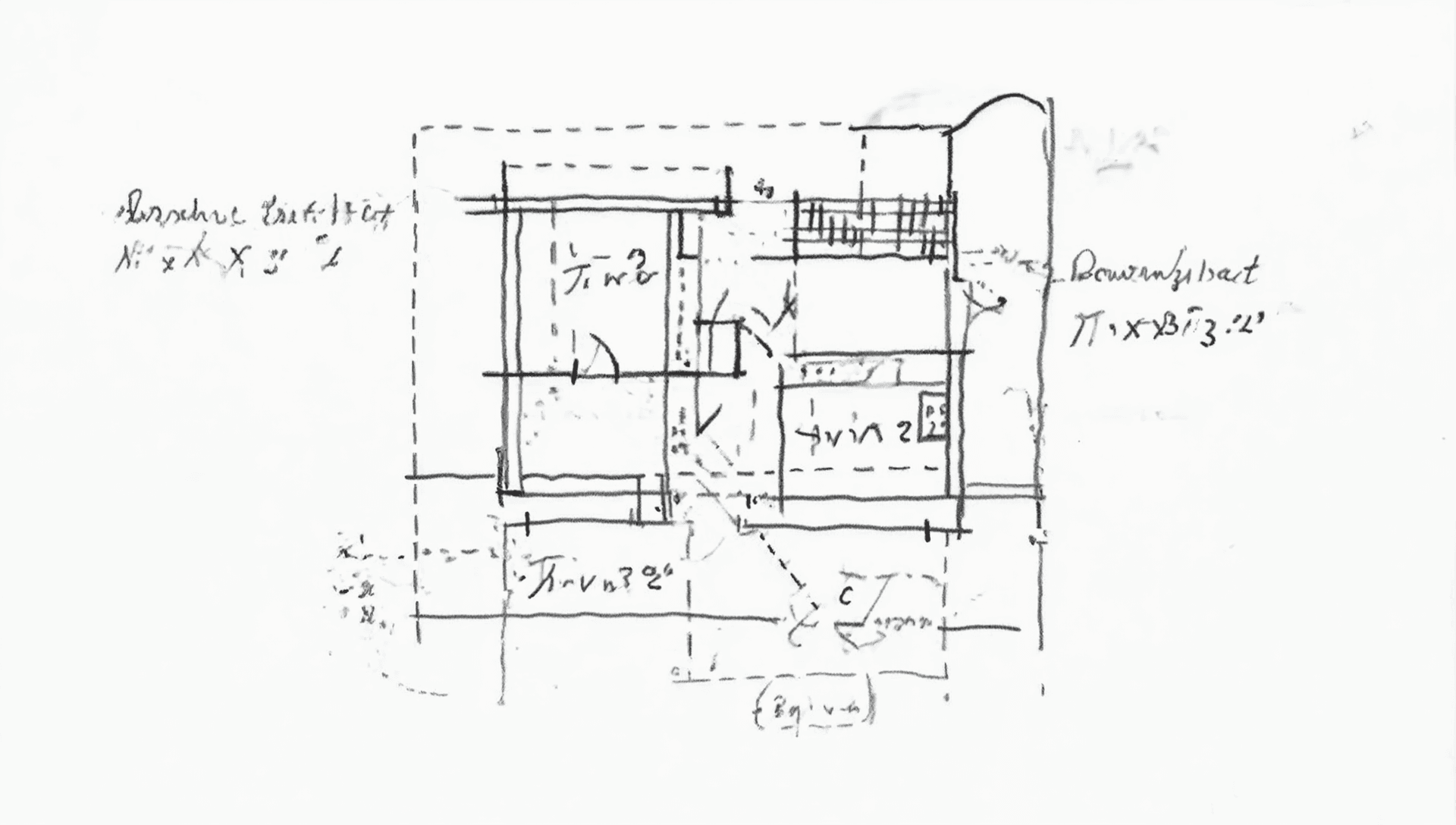 Architectural floor plan sketch showing design development process