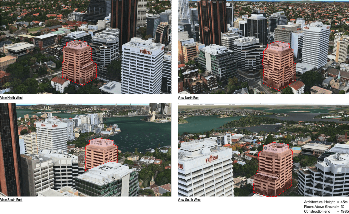 Four aerial context views of the existing Zurich building highlighted in red outline, views from north-west, north-east, south-east and south-west showing the 14-storey tower within the North Sydney CBD skyline