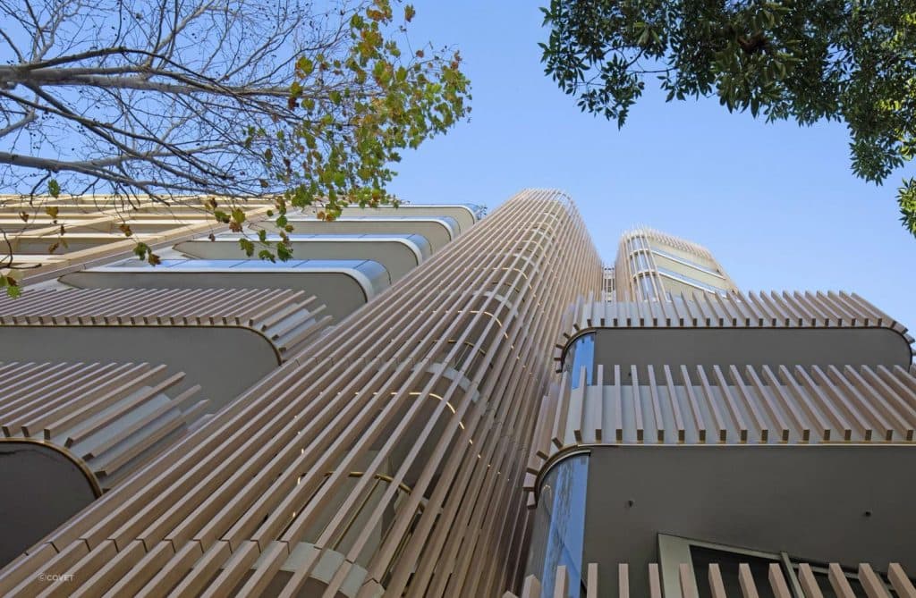 Calibre Cooper Street, timber batten facade detail, looking up from street level