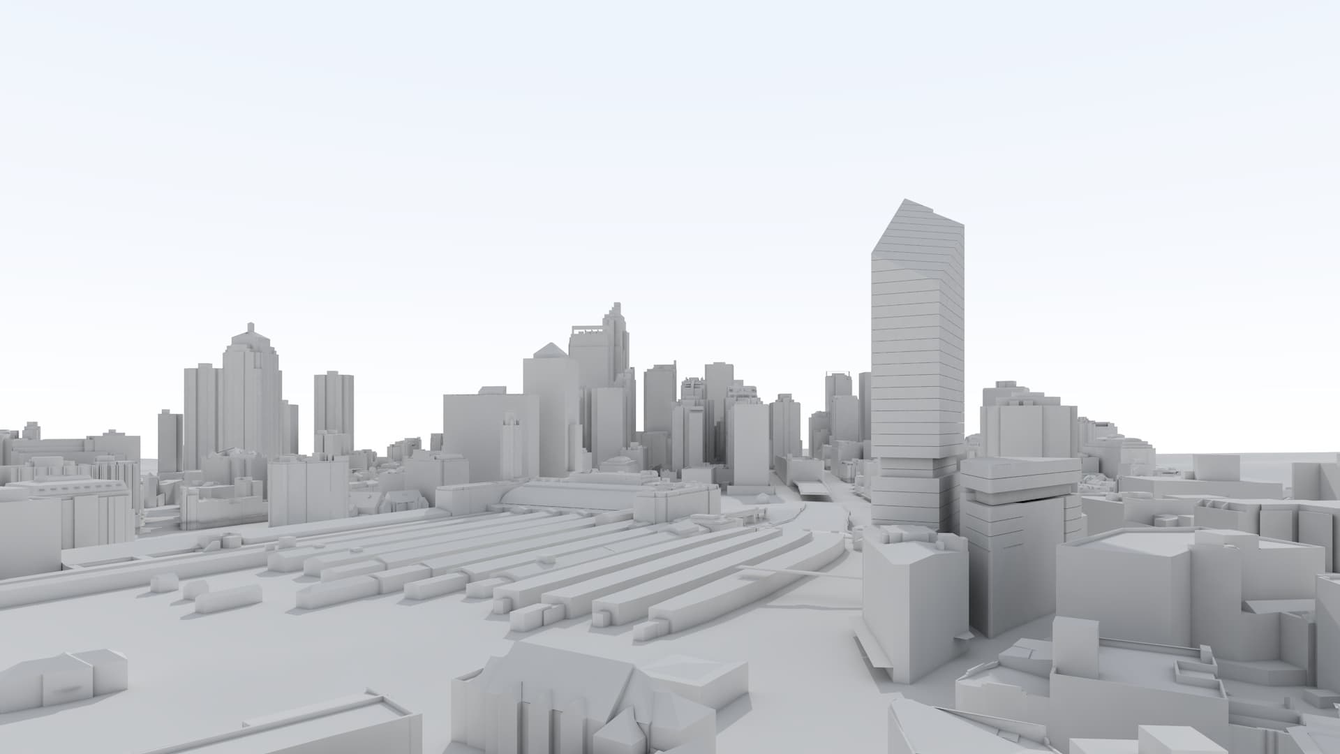 White massing model, aerial view from the south showing the tower form with Central Station in the foreground