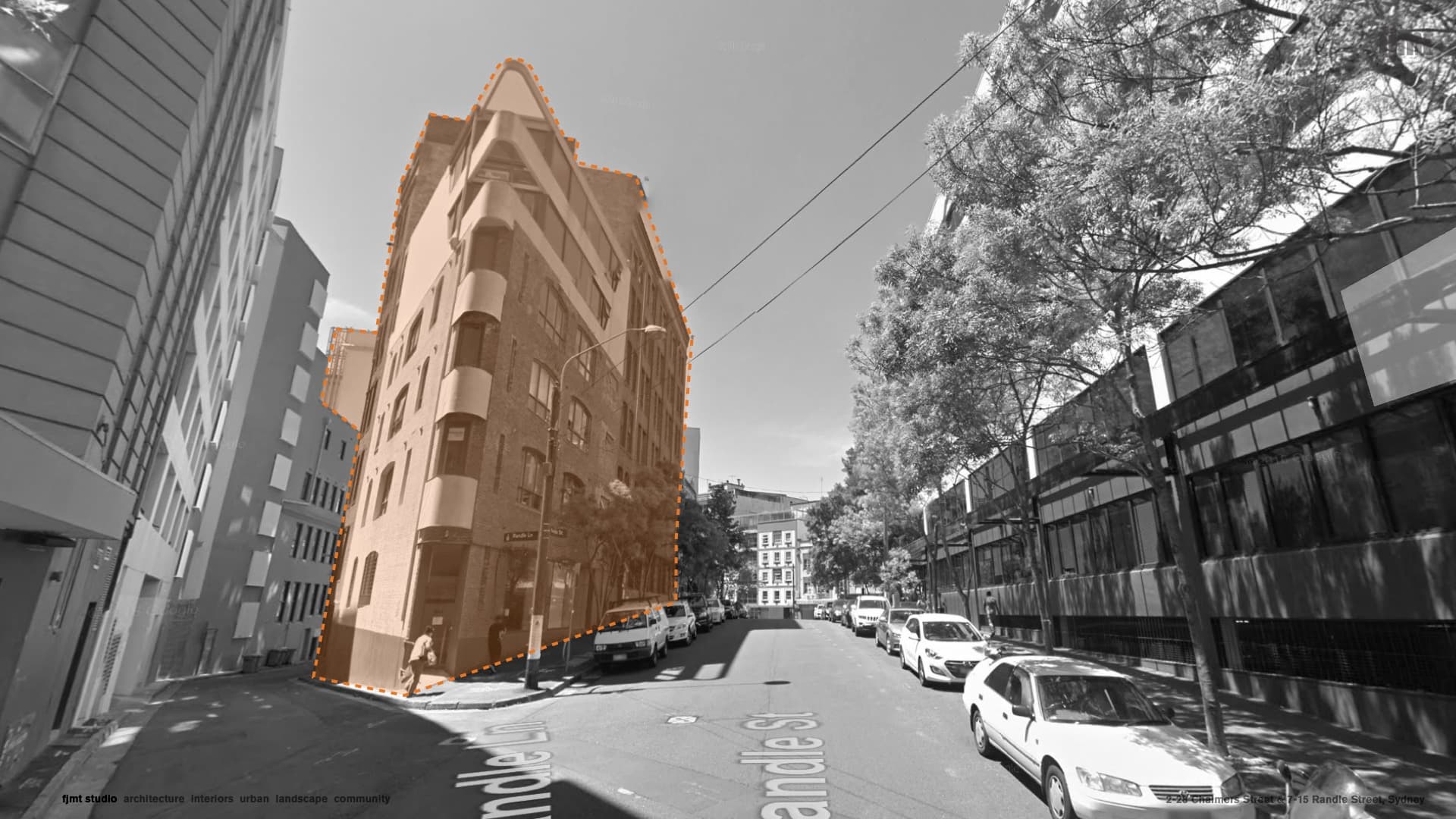 The heritage building at 7–15 Randle Street, the former R.C. Henderson Hat Factory, highlighted in the Surry Hills streetscape