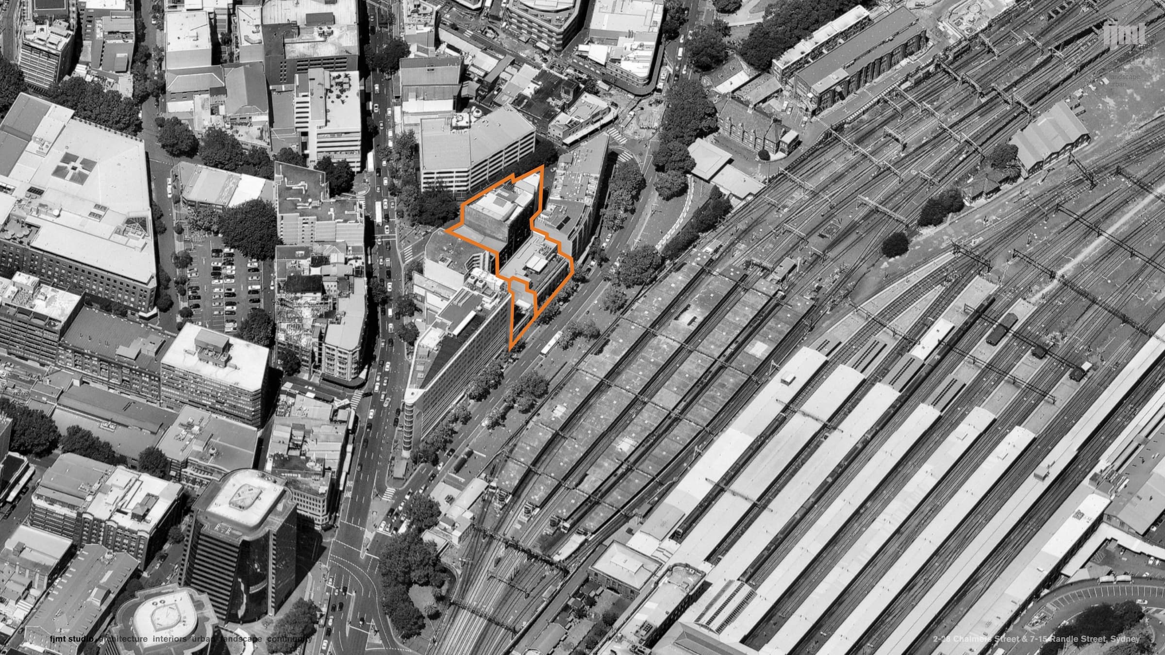 Aerial photograph showing the site outlined in orange adjacent to the Central Station rail corridor