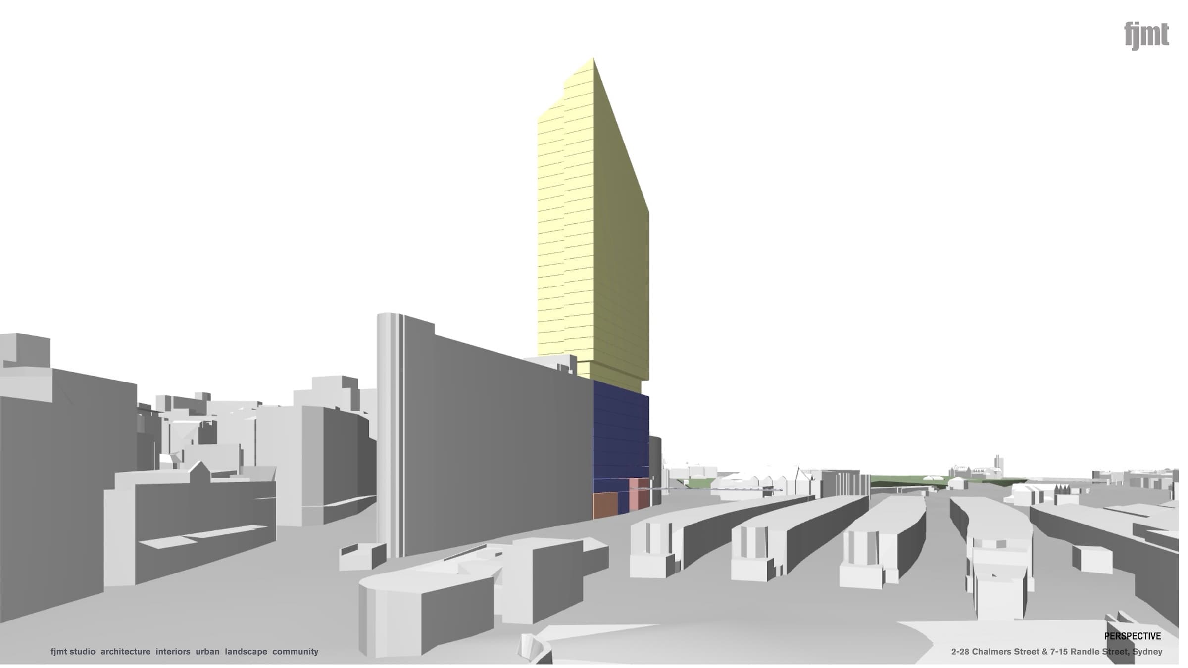 Street-level perspective showing the colour-coded massing with the heritage parapet setback alignment, portal access from Chalmers Street, and raised bridge connection