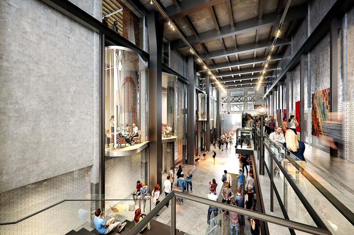 Render of the Machine Hall activated as a public events and gallery space