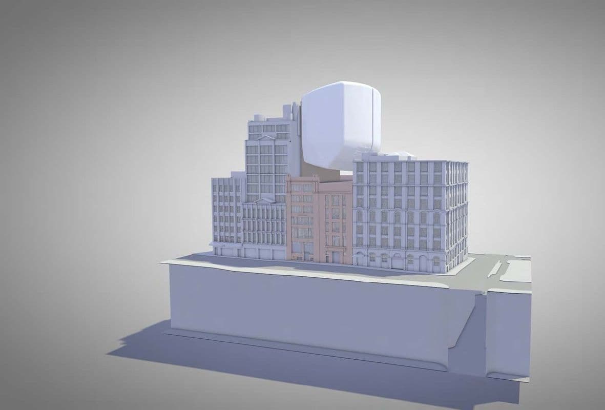 3D massing model showing the glass cloud form rising above the heritage streetscape context