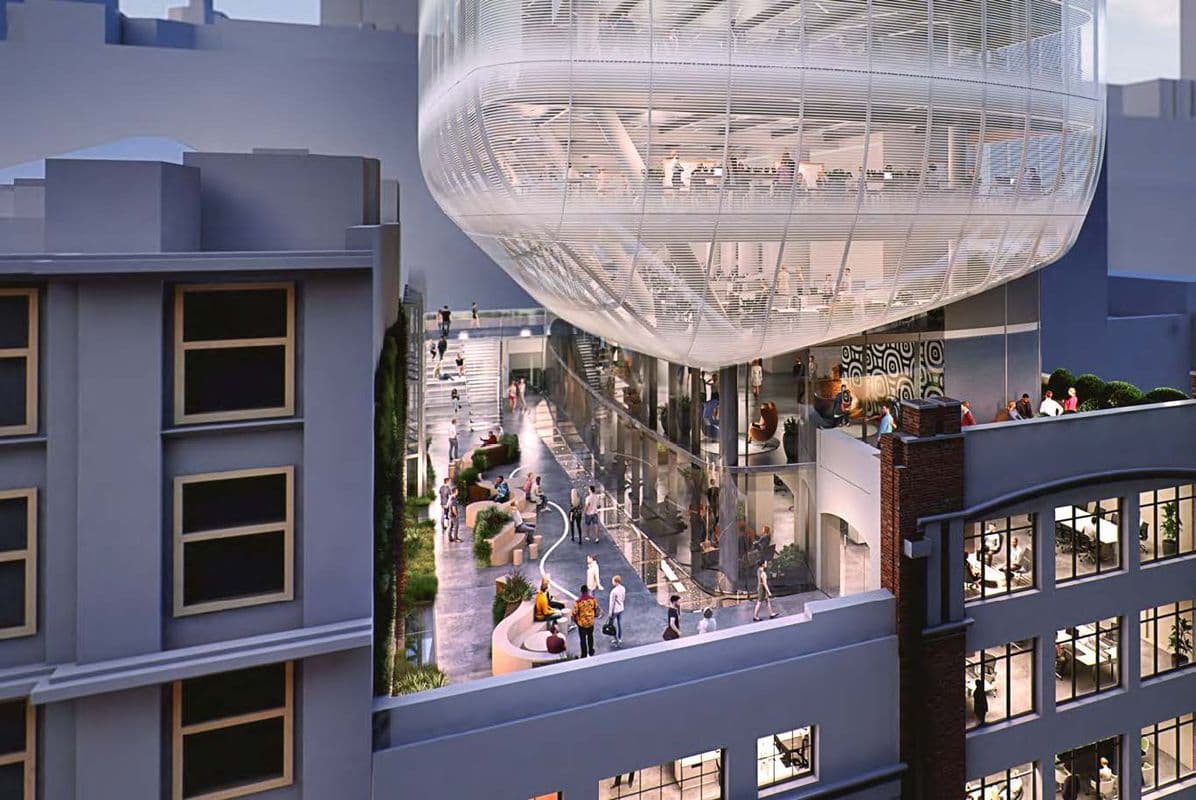 Render of the rooftop terrace level between the heritage buildings and glass addition