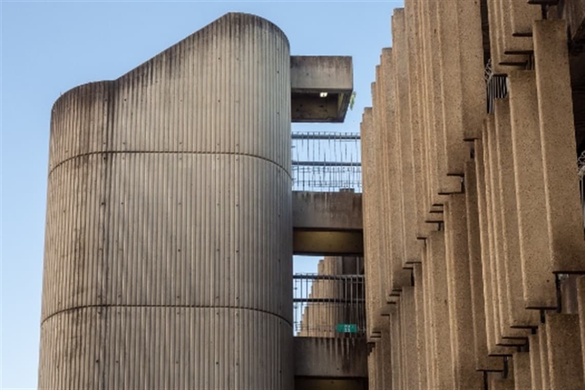 Cross Street Car Park, brutalist stair tower and precast fins