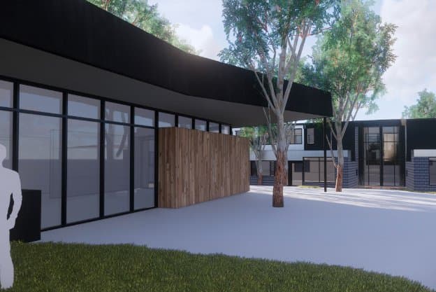 Deakin University Student Village, courtyard render showing residential buildings and landscape
