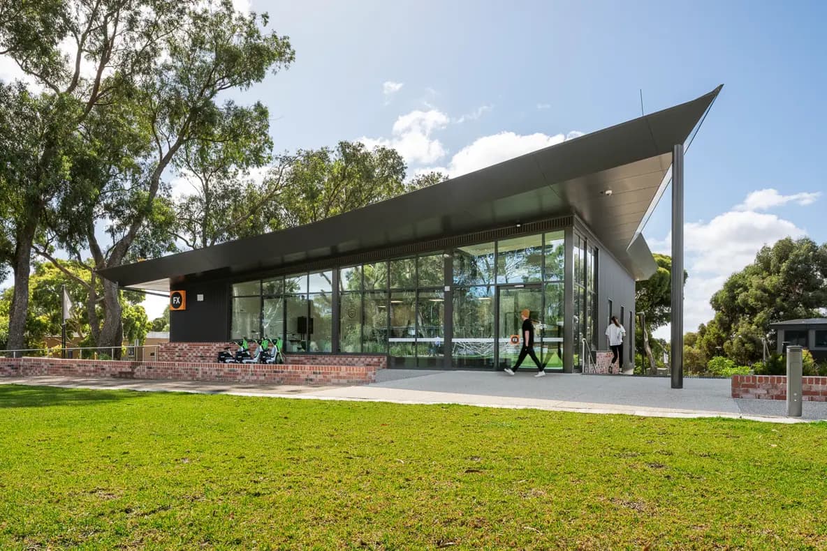 Deakin University Student Village, FX fitness and social hub, cantilevered roof pavilion