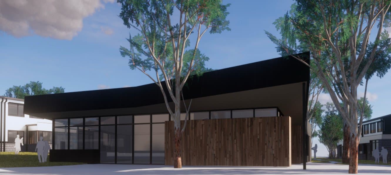 Deakin University Student Village, Town Hall building render, cantilevered roof and full-height glazing