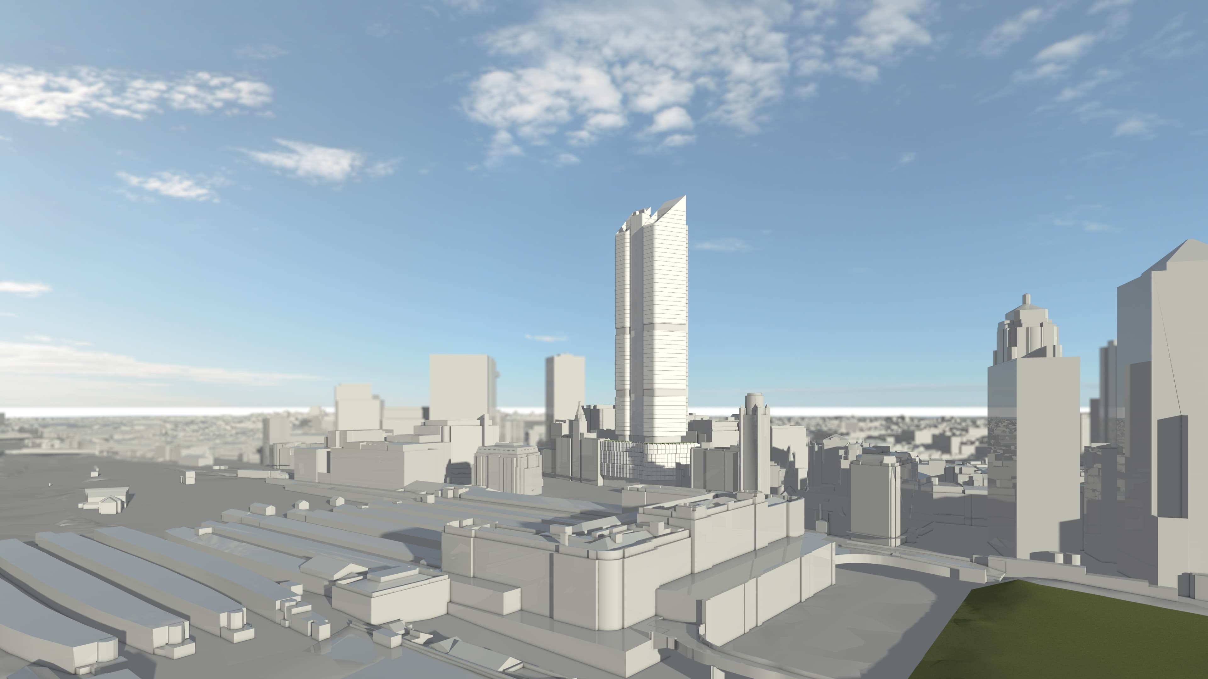 FJMT feasibility massing, aerial view from the south with Central Station rail yards in the foreground