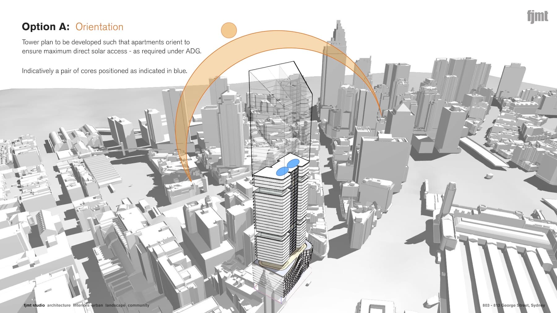 Option A, tower orientation analysis showing the sun path arc and indicative dual-core positioning for ADG solar compliance
