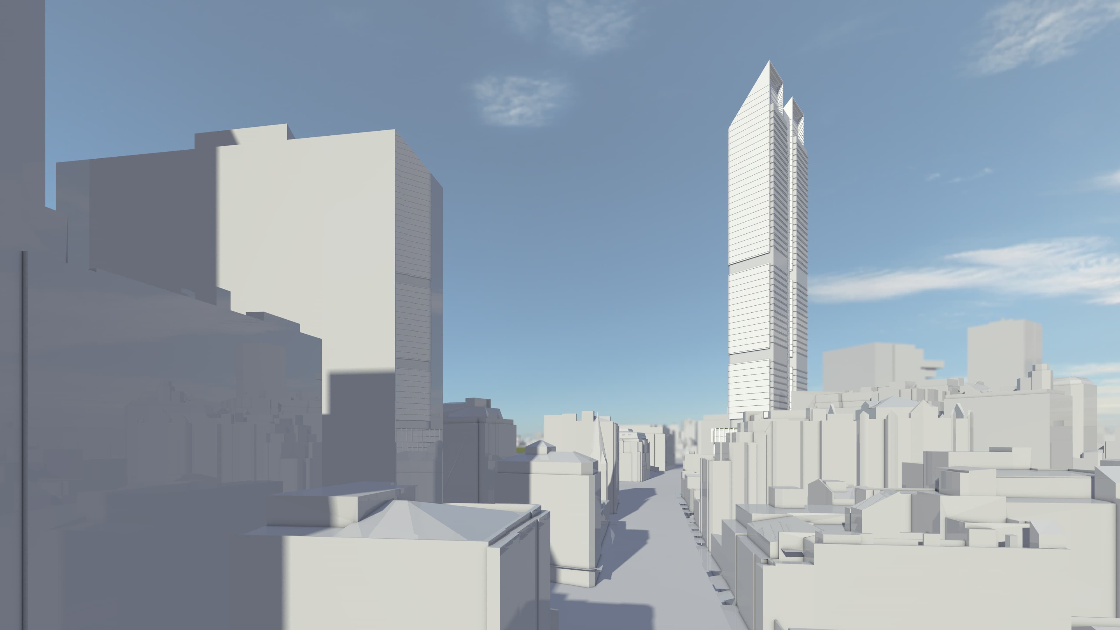 FJMT feasibility massing, street-level view looking south along George Street toward the proposed tower