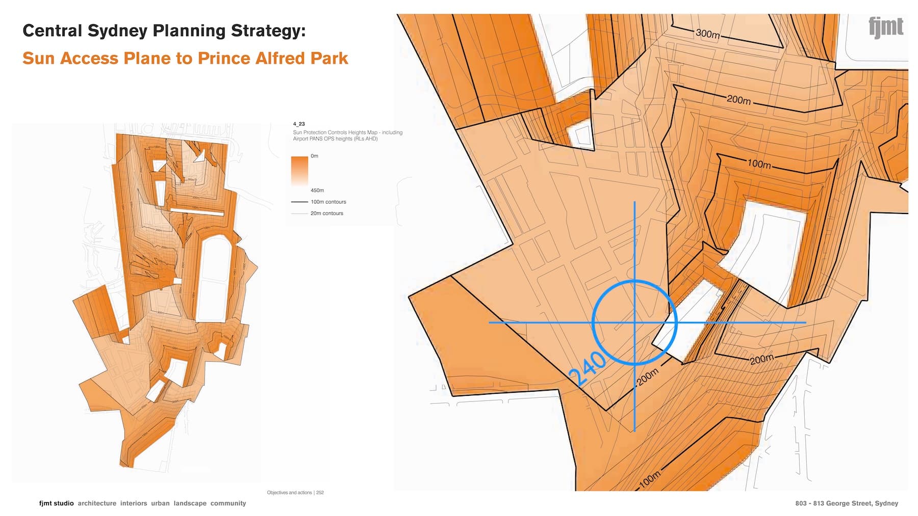 Central Sydney Planning Strategy, sun access plane analysis to Prince Alfred Park, showing height contours and the site location at RL 240m