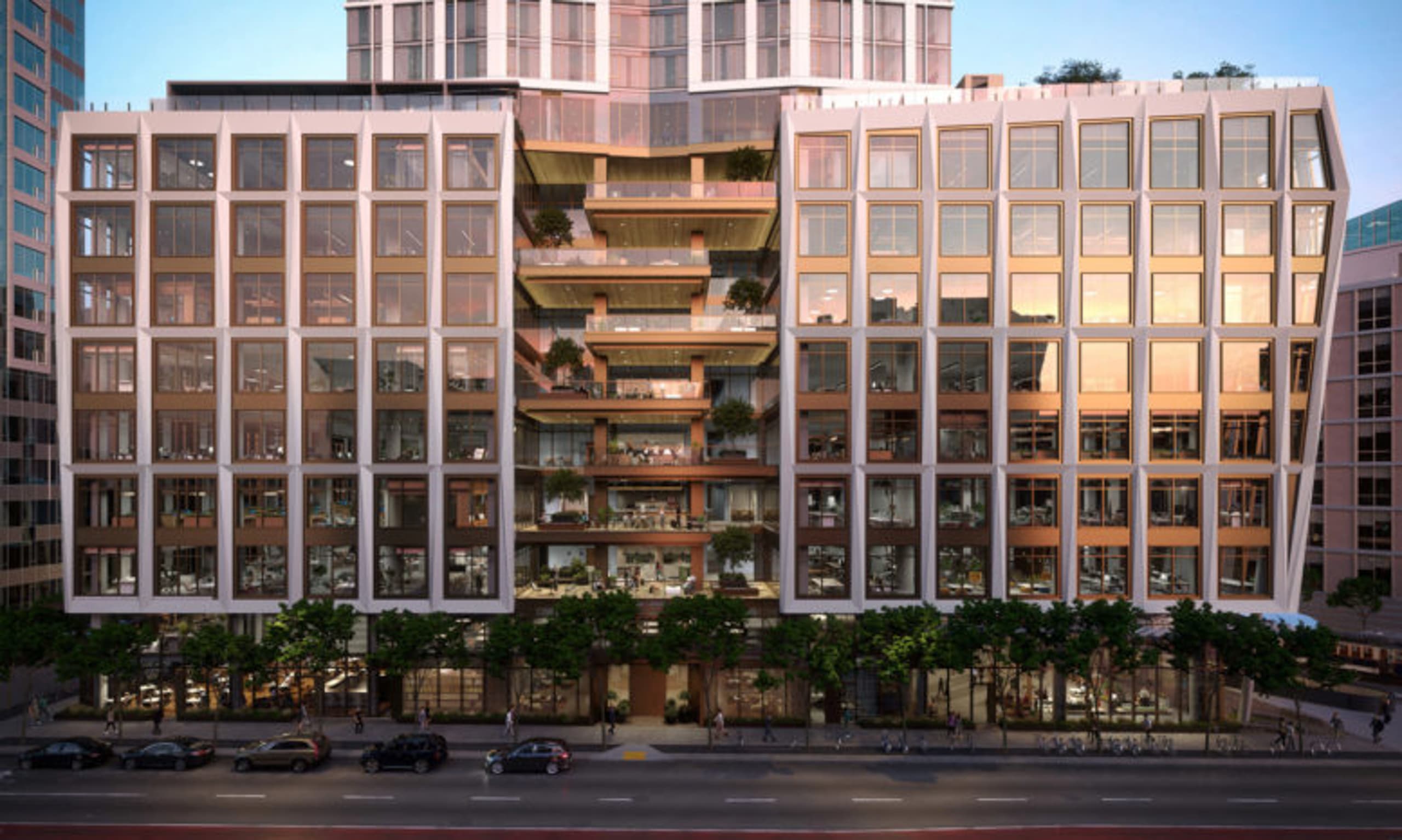 The as-approved scheme, street-level podium detail with landscaped terraces and retail activation