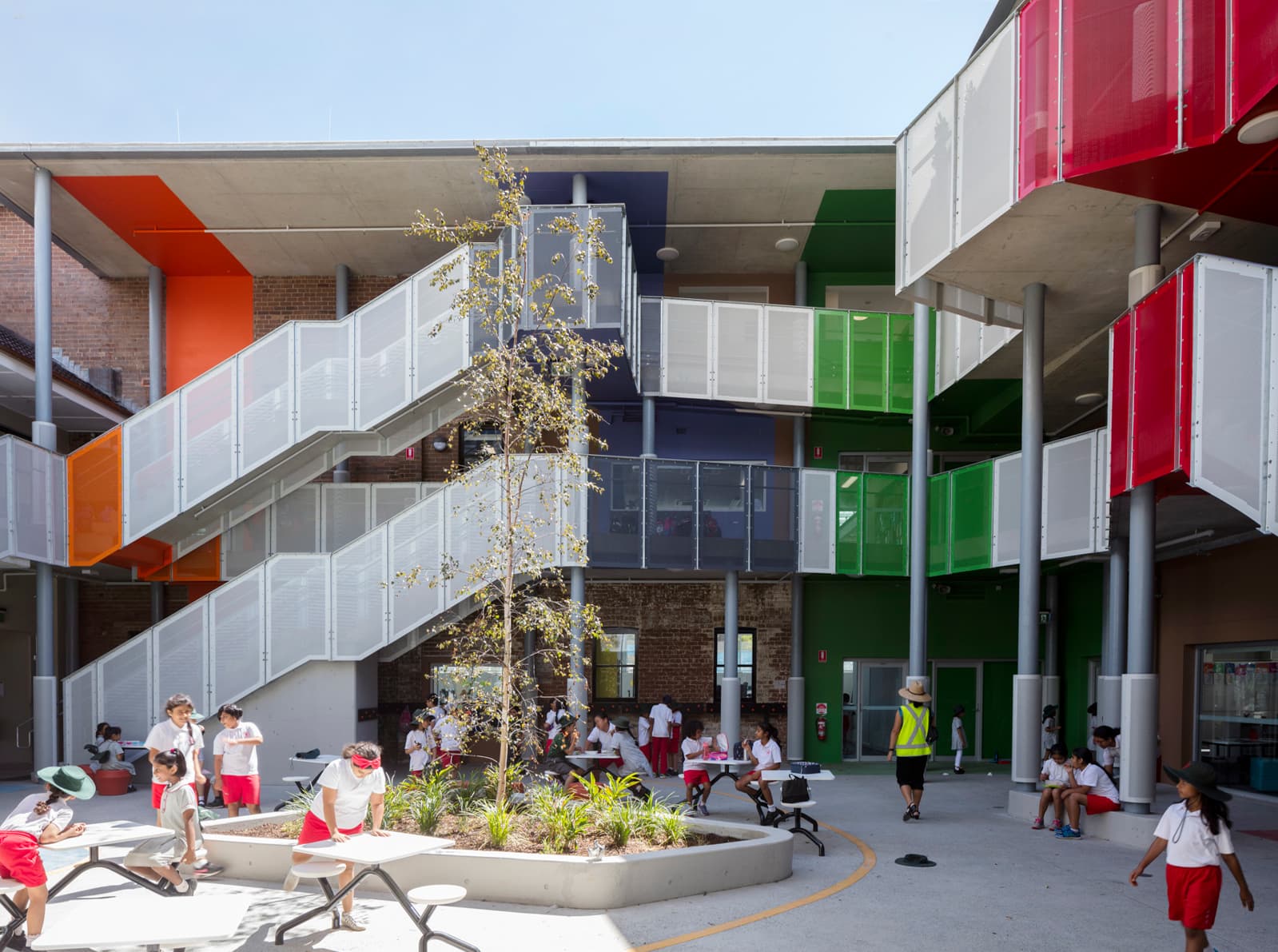 O'Connell Street Public School, central courtyard with coloured balustrade screens and multi-level circulation