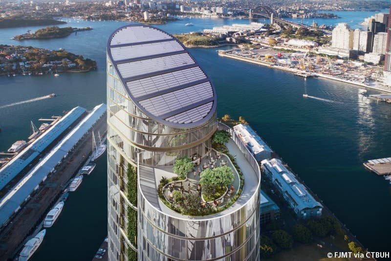 Rooftop garden terrace, aerial render showing planted terraces, Barangaroo and Sydney Harbour