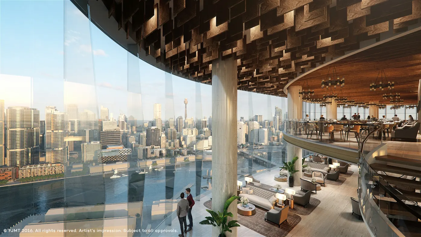 Sky bar and restaurant render, full-height curved glazing overlooking Darling Harbour and Sydney CBD