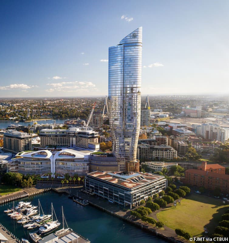 The Ritz-Carlton tower, night render from Pyrmont showing tower illuminated against the Sydney skyline