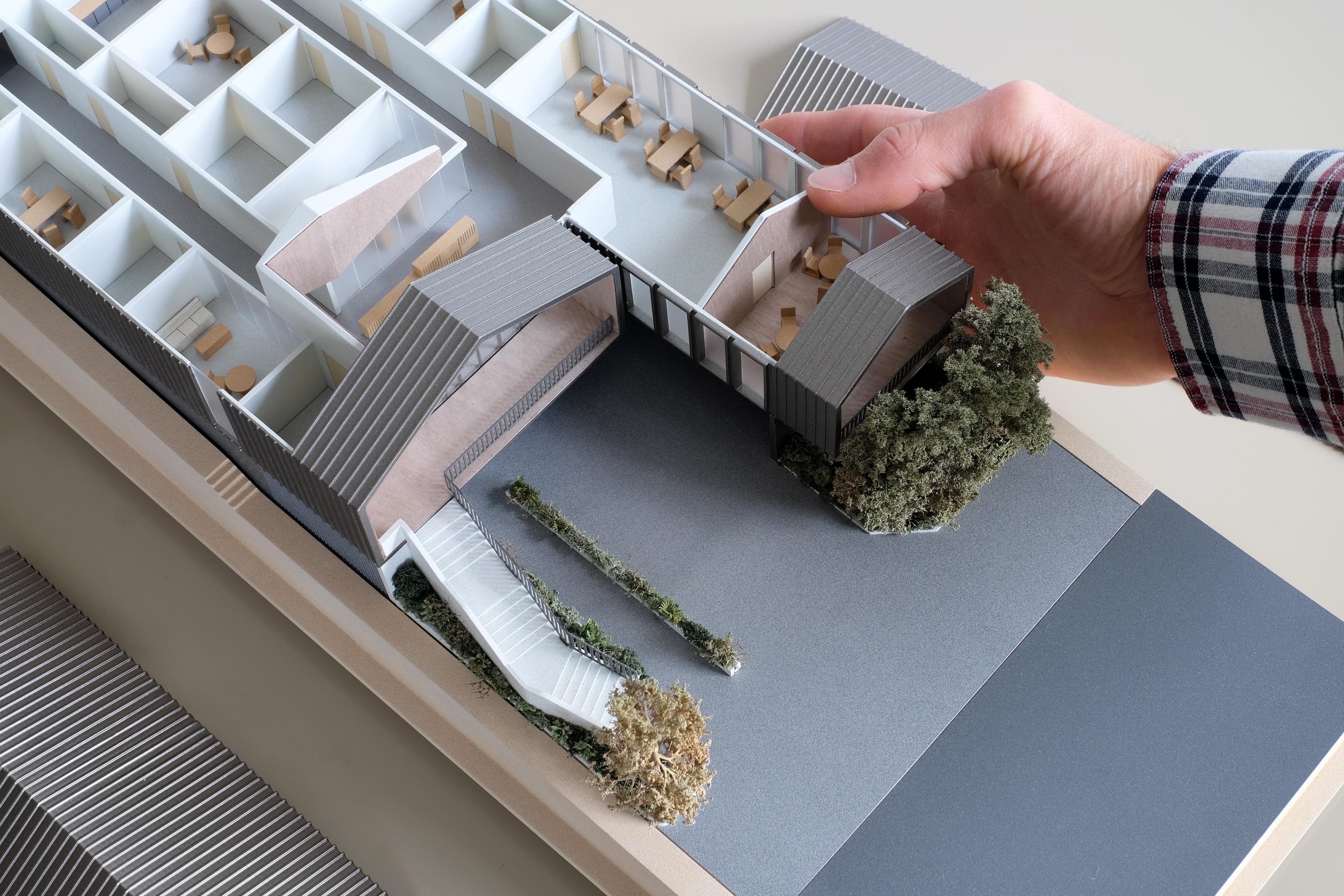 The Shepherd Centre, model detail showing entry courtyard, accessibility ramp and landscaping