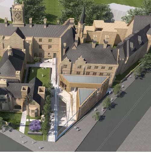 Aerial photograph of the St Andrew's College site outlined in red, the LPAC site at the south-western corner marked in yellow dashed outline, showing the college's position between Carillon Avenue, Missenden Road and the Royal Prince Alfred Hospital