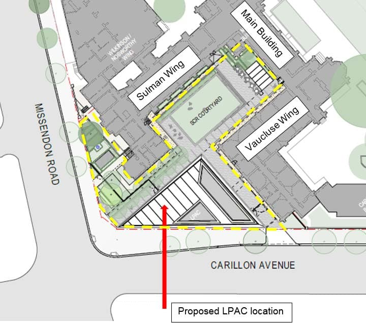 Campus masterplan showing the full St Andrew's College site, new buildings marked in orange including the LPAC at the Carillon Avenue / Missenden Road corner, the North Building, Health Services, and East Building around the oval