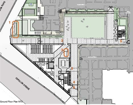 Ground floor plan of the LPAC, showing the wedge-shaped building footprint, entry points from Carillon Avenue, internal circulation and the relationship with the adjacent heritage wings