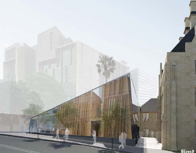 Render from Carillon Avenue, the LPAC as a glazed and timber-screened pavilion at the corner of Missenden Road, with the Gothic Revival heritage buildings visible behind