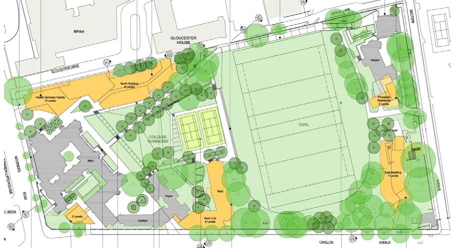 Render from Missenden Road, the LPAC with its timber-screened glass facade set against the heritage sandstone of the Sulman Wing, with RPAH visible in the background