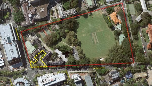 Site plan showing the LPAC location between the Sulman Wing, Vaucluse Wing and Main Building, with Carillon Avenue to the south and Missenden Road to the west