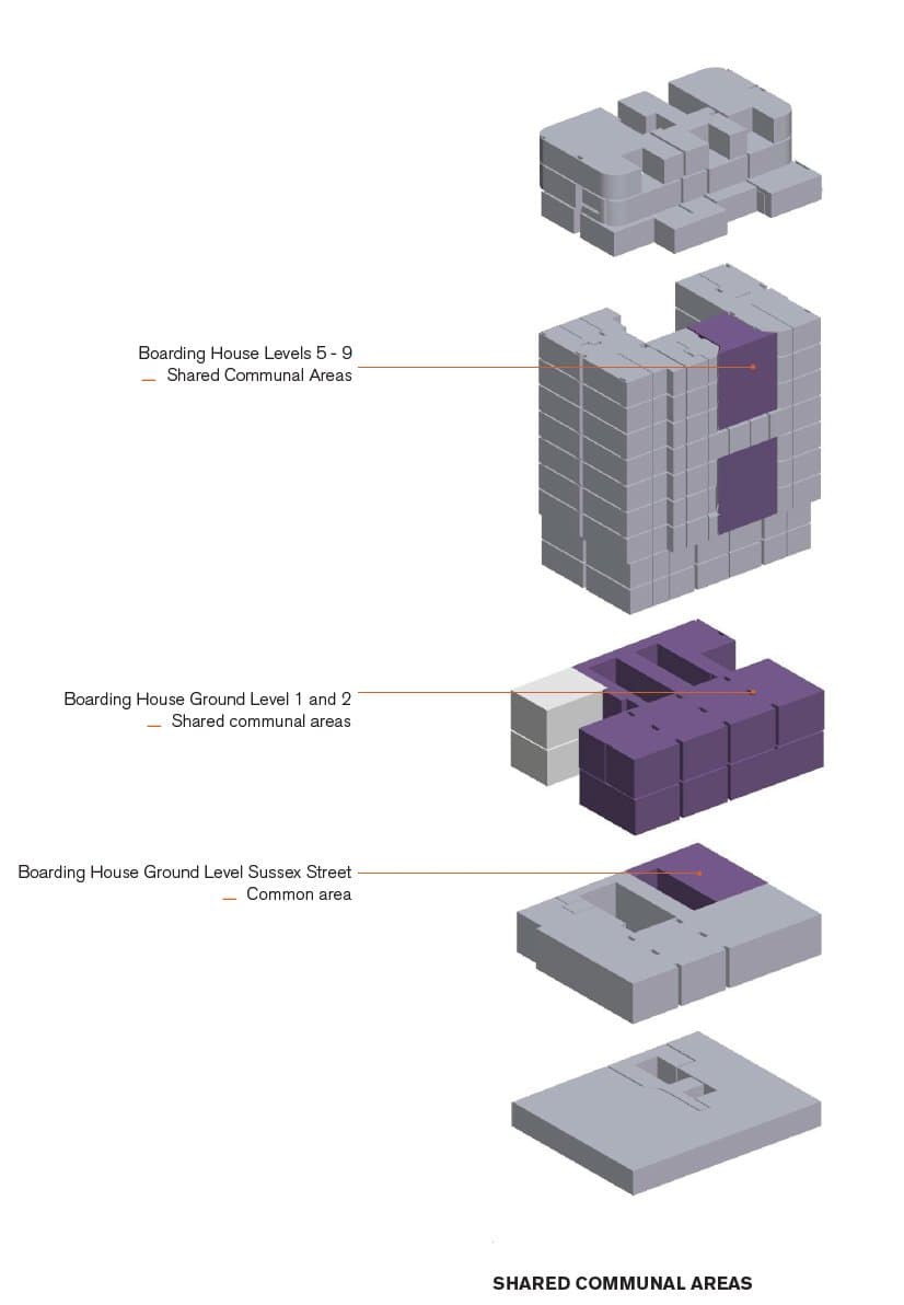 311–317 Sussex Street, DA documentation diagram showing shared communal areas, boarding house levels
