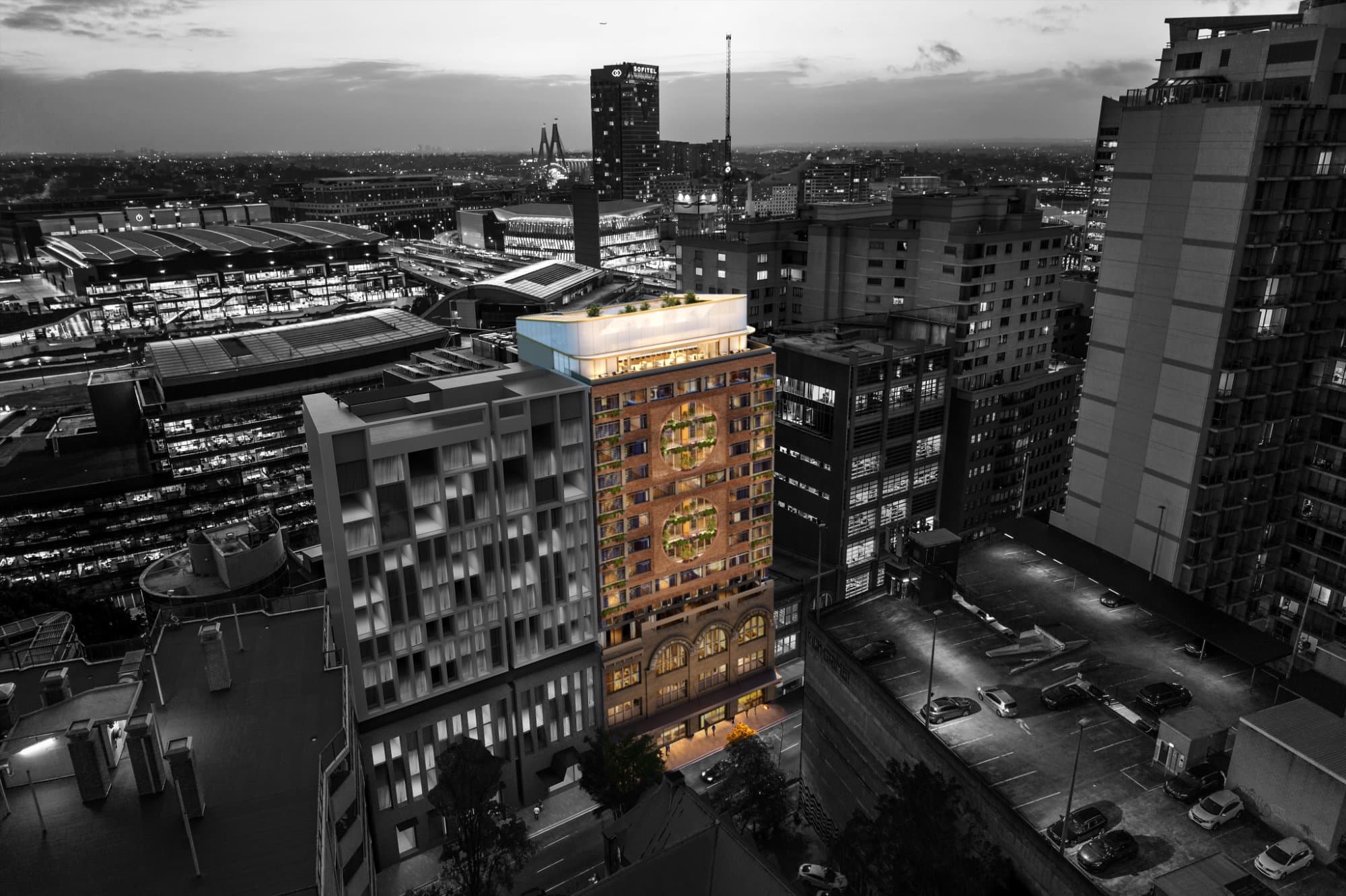 311–317 Sussex Street, CGI render, tower within CBD context