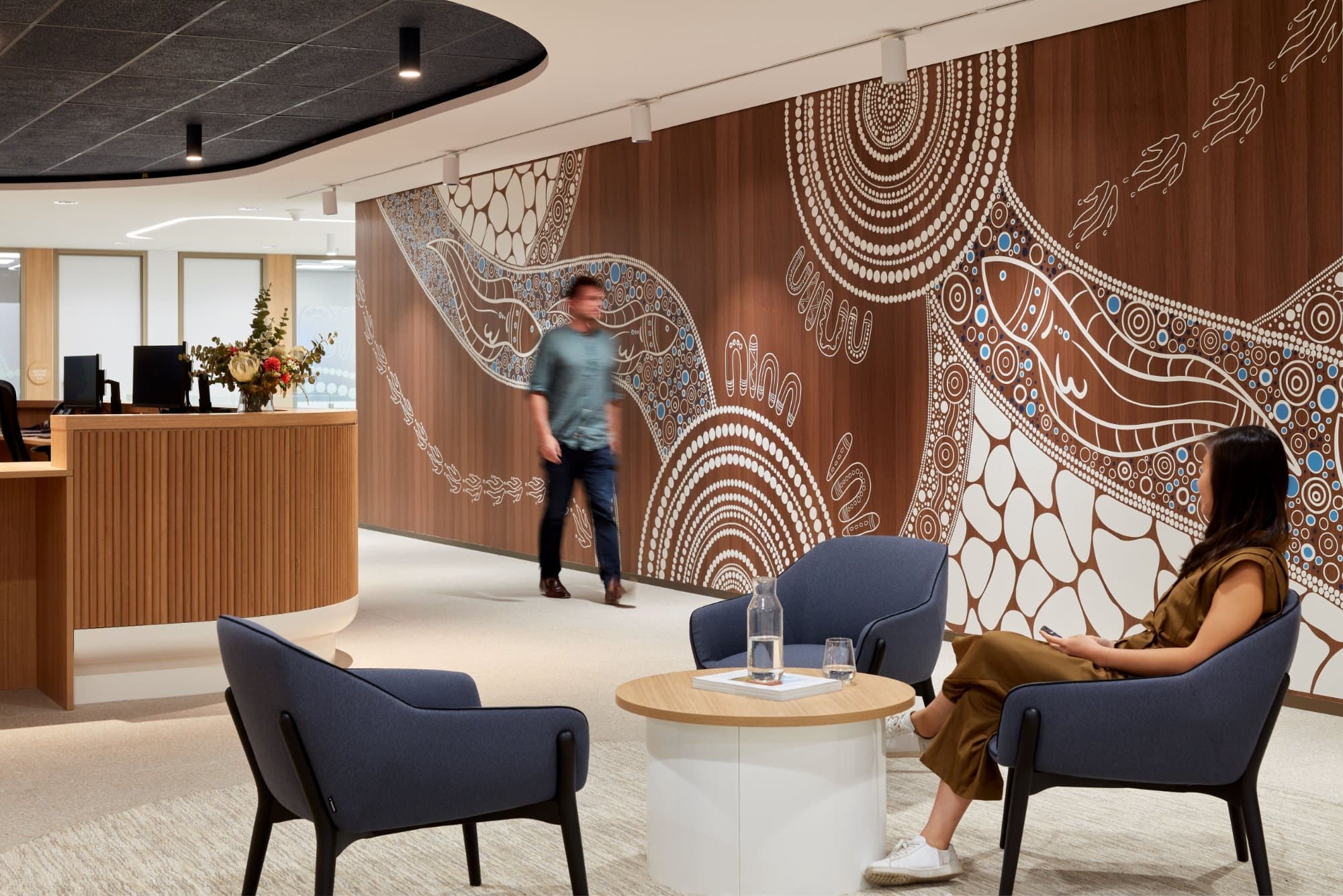 Sydney Water HQ, First Nations artwork mural, reception and waiting lounge