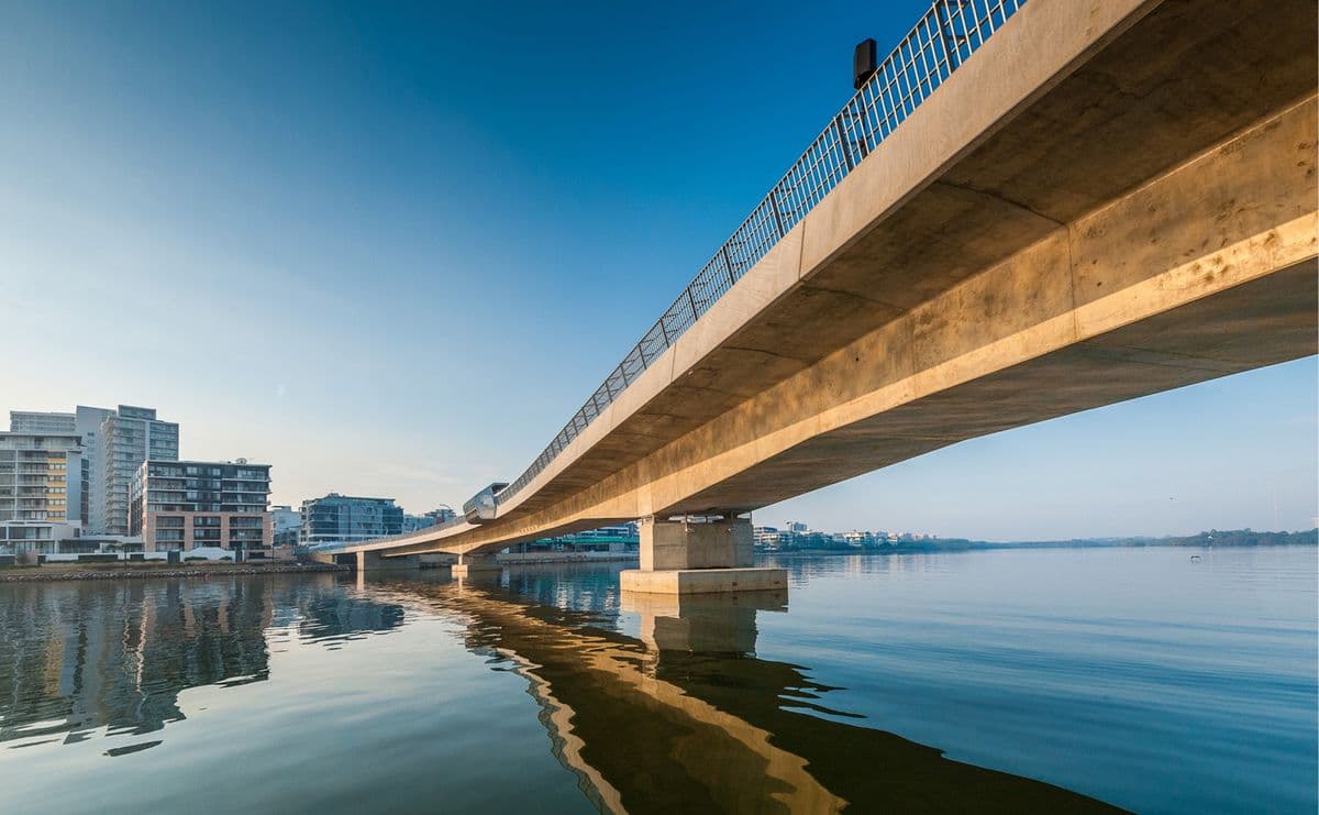 The pedestrian and cycle bridge connecting Wentworth Point to Rhodes, with the existing residential precinct beyond