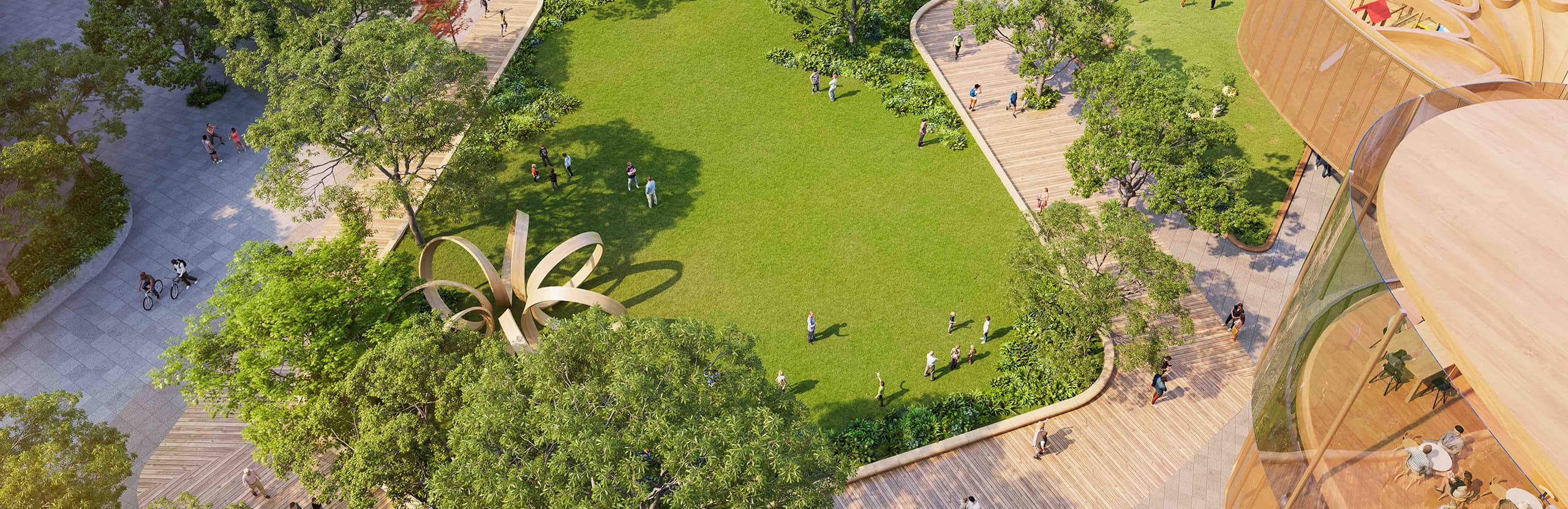 Render of the Bennelong Cove parklands, public open space and landscape amenity at the heart of the precinct