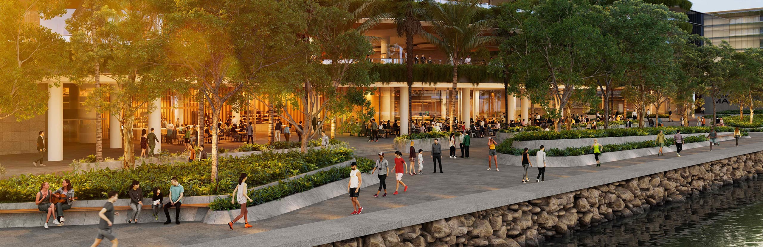Render of the activated waterfront promenade with retail, dining, and foreshore landscaping