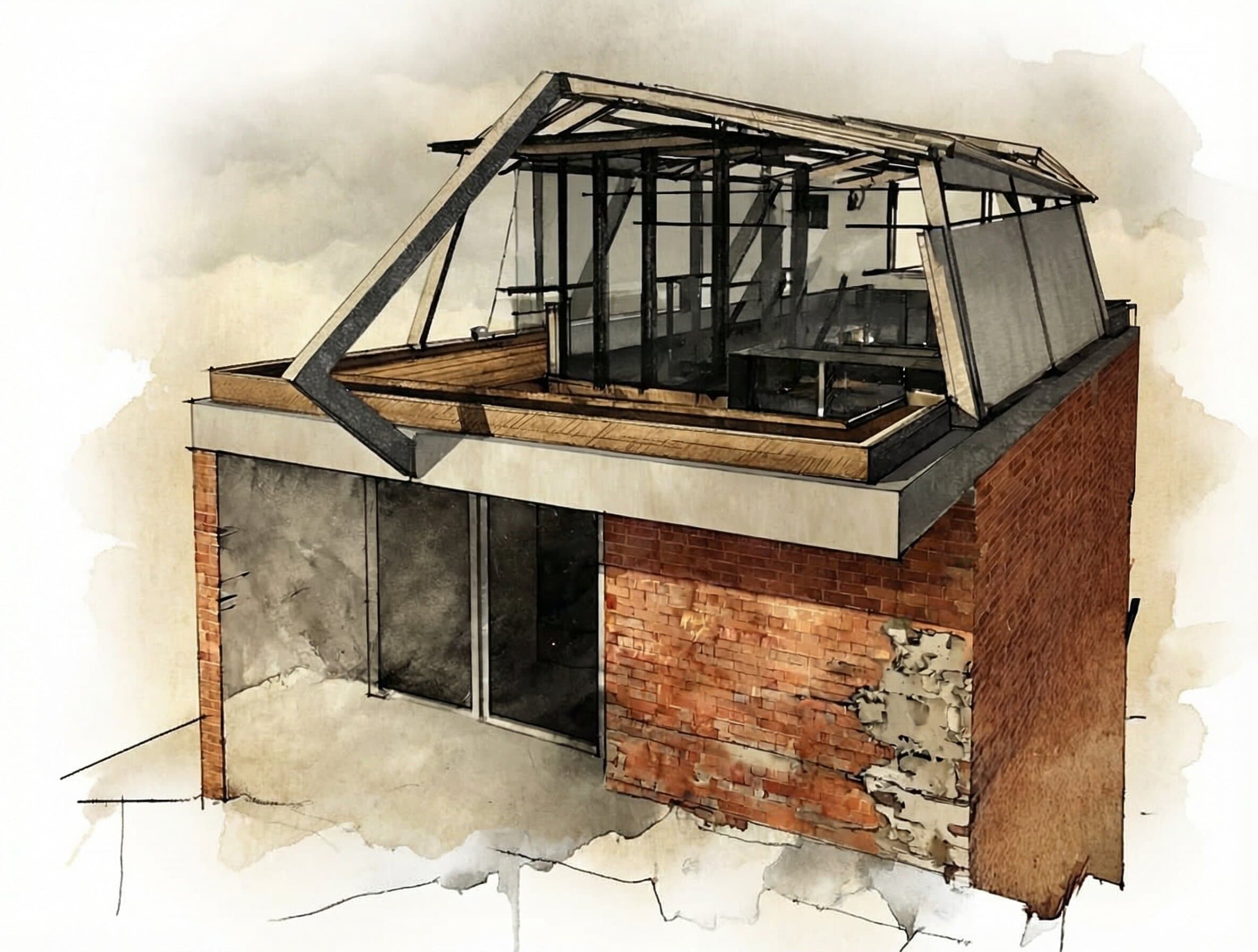 Exterior perspective showing the rooftop extension sitting above the existing brick building, steel and glass structure with folding roof planes