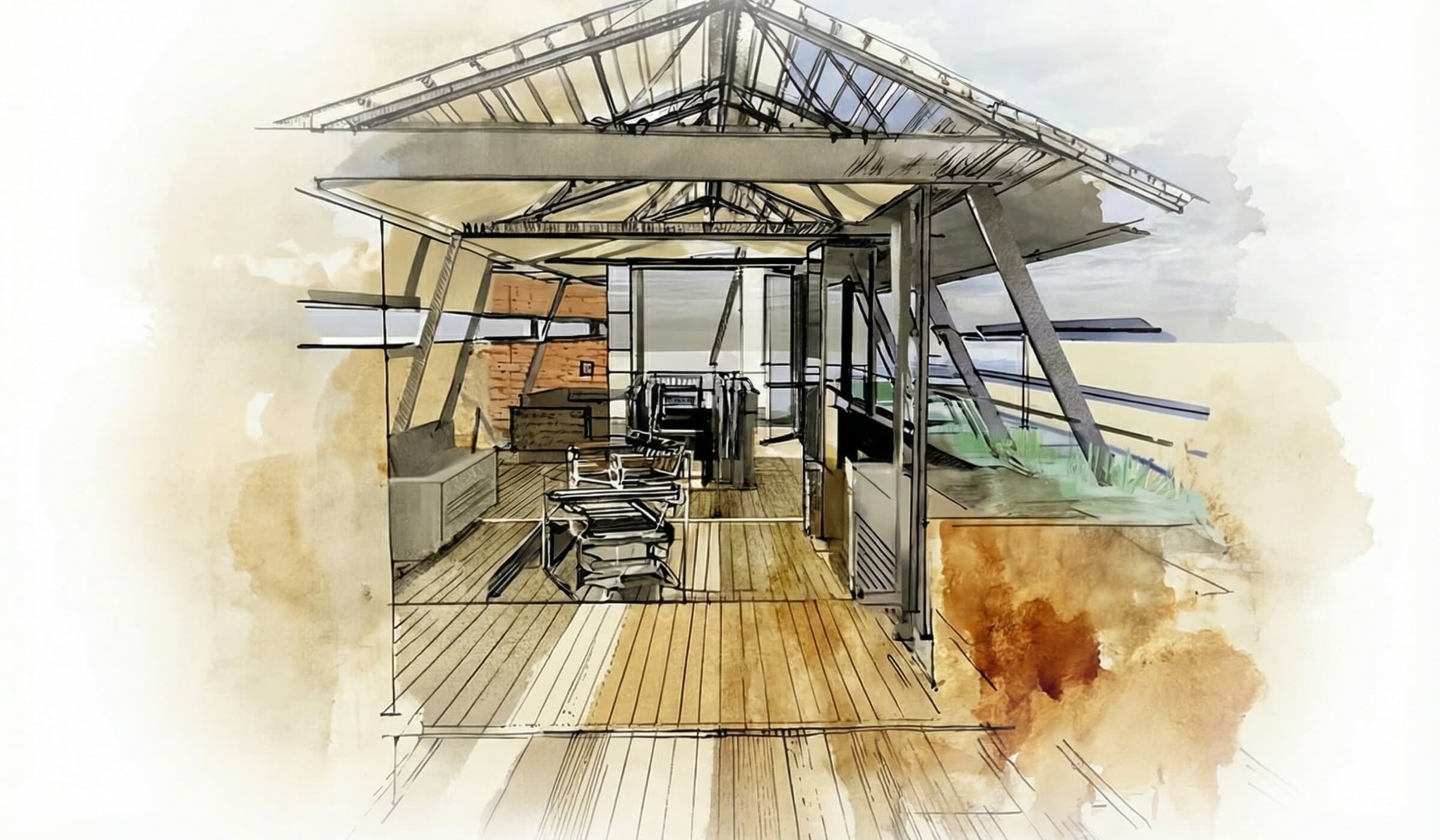 Interior view of the rooftop extension showing timber deck flooring, steel structure, and panoramic views through glass walls