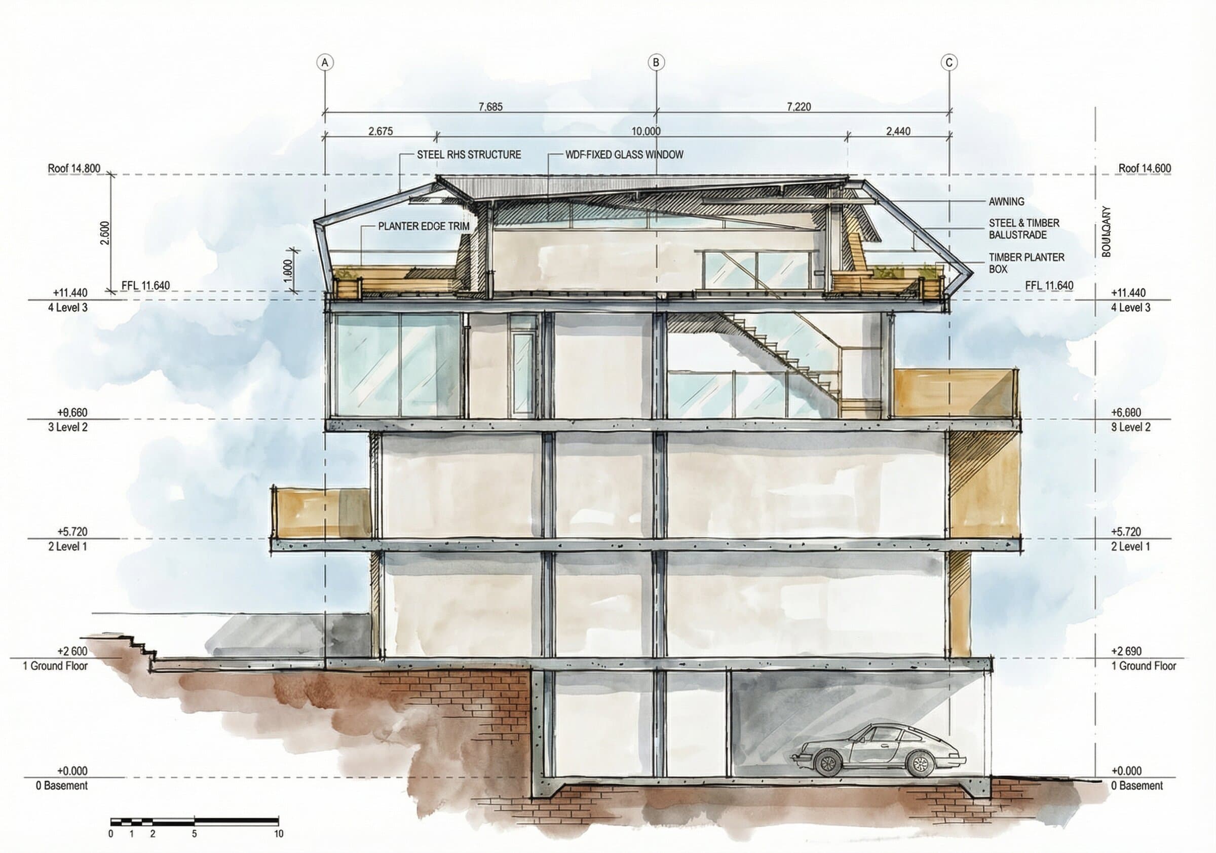 Full building section showing all levels from basement through to rooftop extension, the complete vertical organisation of the residence