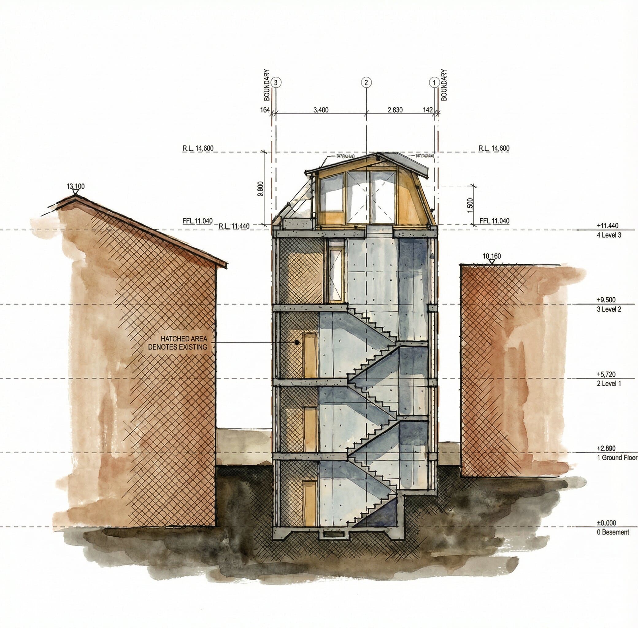 Cross-section through the narrow site showing the rooftop extension in context with neighbouring buildings and party walls