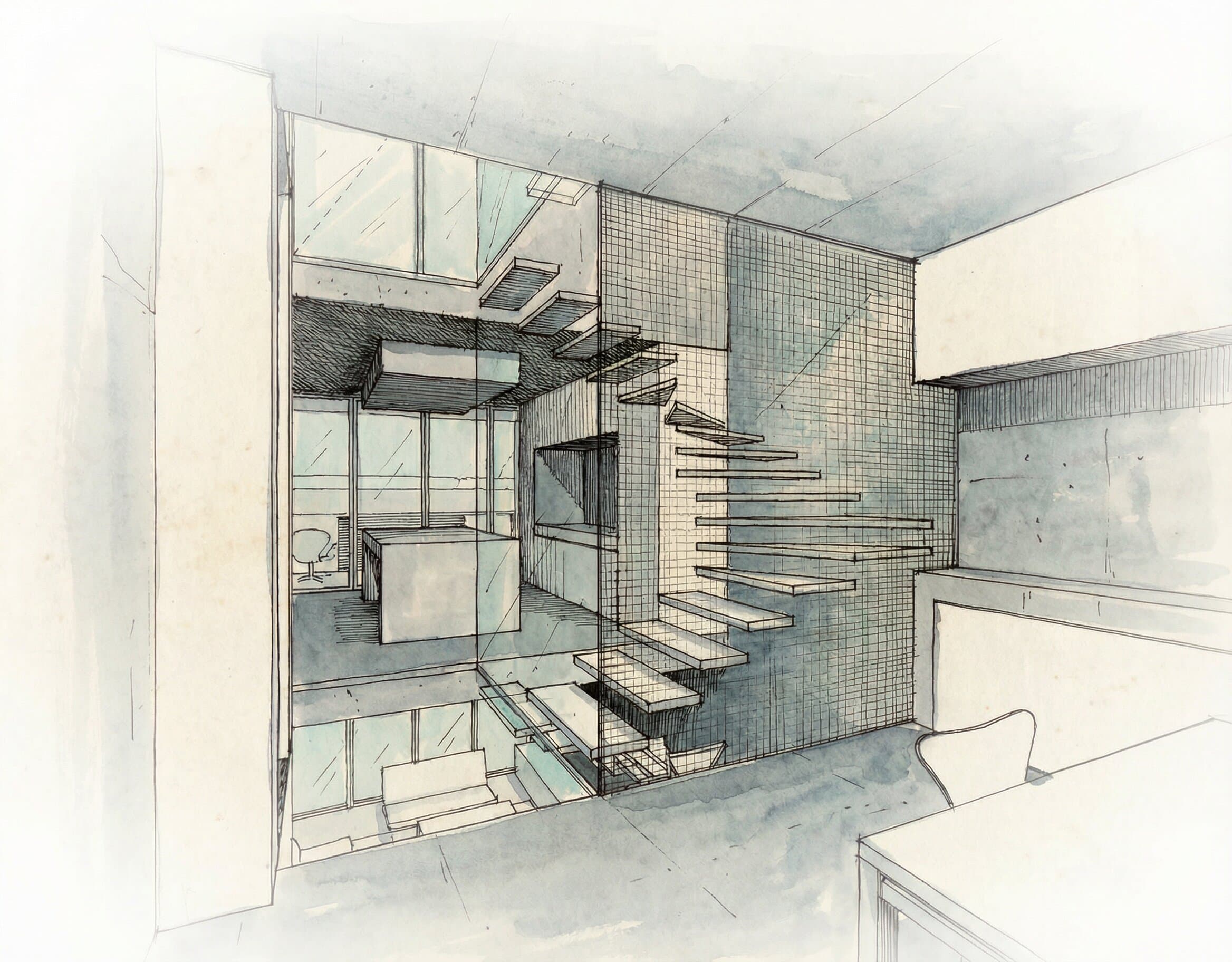 Interior perspective showing the interstitial stairwell zone with floating timber stairs, skylight above, and tiled feature wall separating old and new volumes