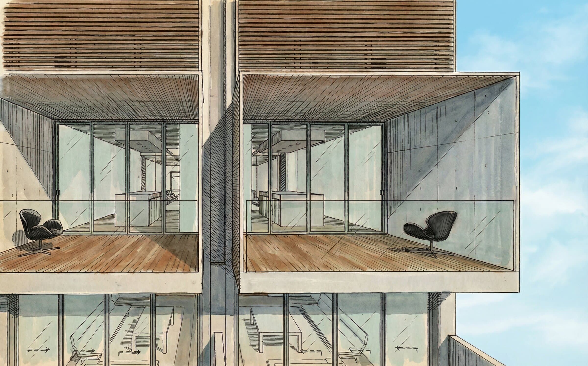 Rear elevation showing the two modern extensions side by side with timber louvres, full-height glazing, and harbour views