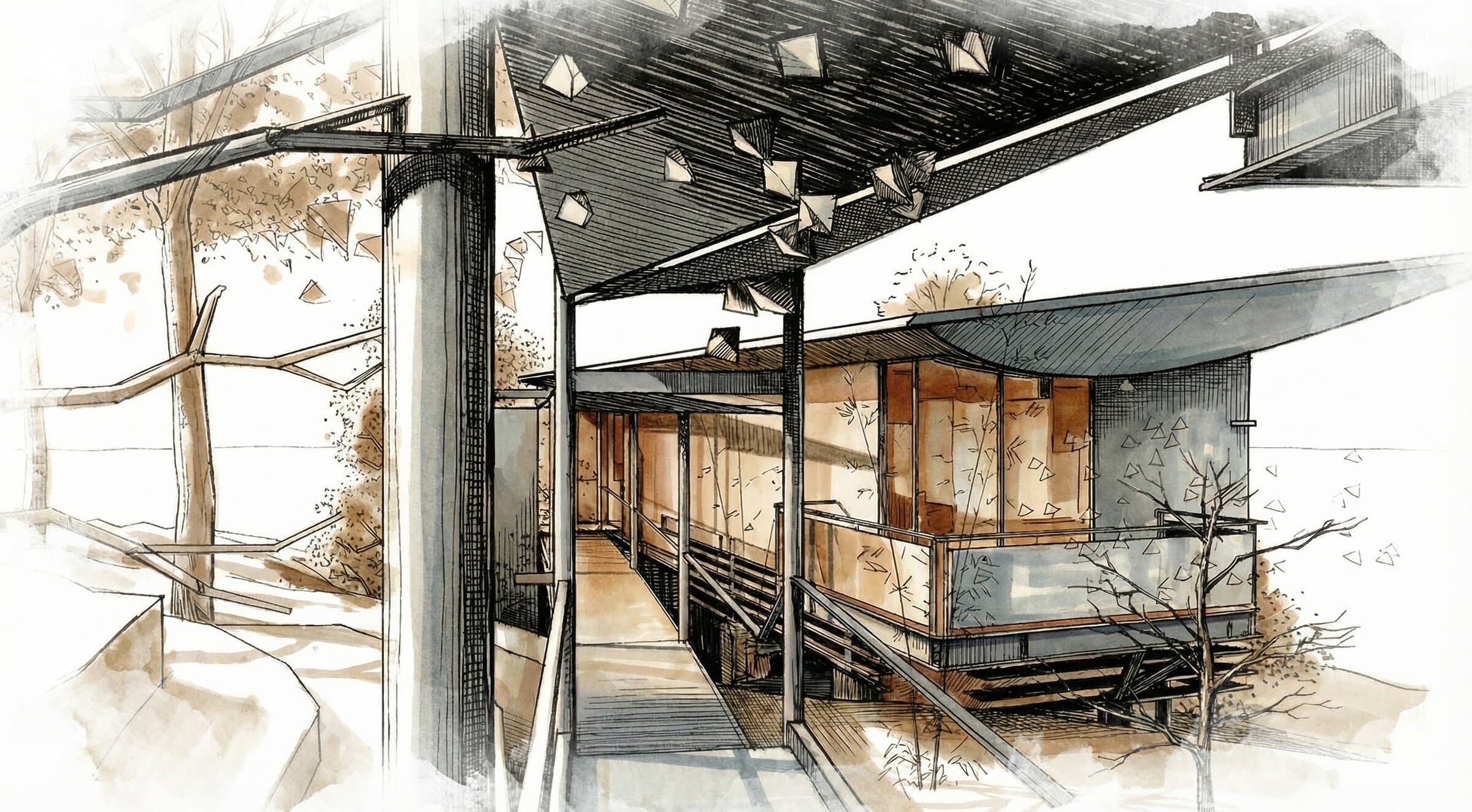 The covered walkway and bridge connecting the studio to the main residence, steel structure and timber decking threading between the buildings