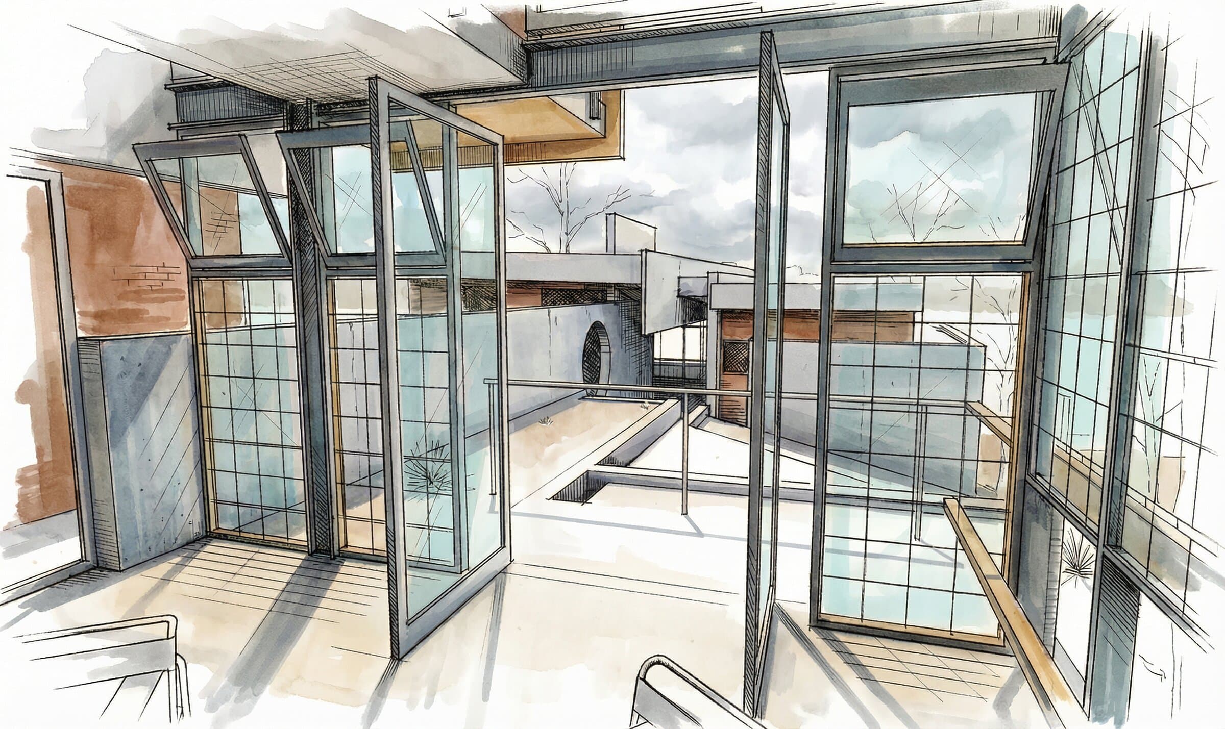 Interior looking out through full-height glass walls to the deck and landscape beyond, steel structure framing the view