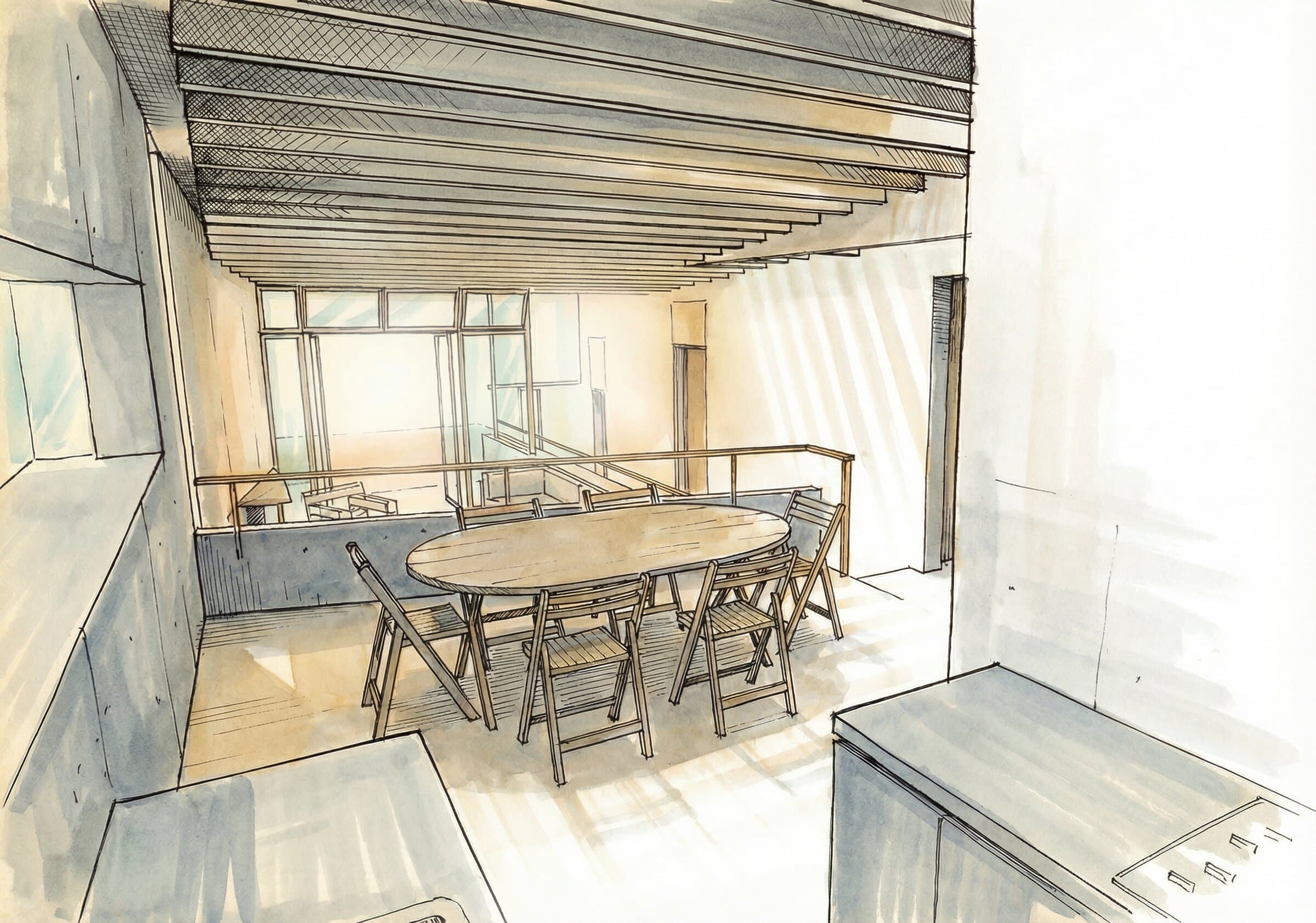 The dining area with exposed timber ceiling structure, natural light washing across the kitchen island and timber dining setting