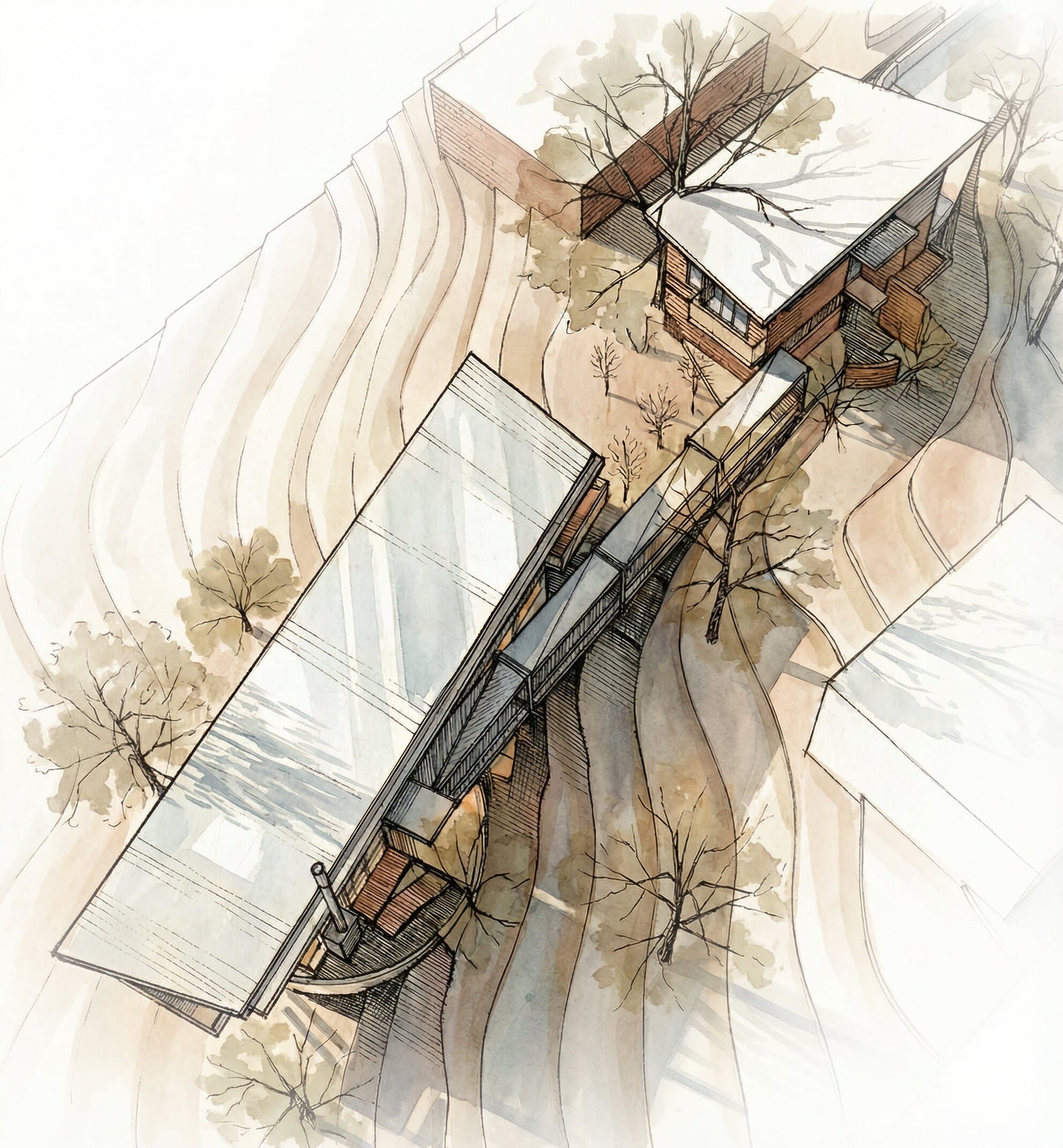 Aerial perspective showing both buildings on the sloping site connected by an elevated bridge, the main residence deeper into the bush and the studio closer to the street