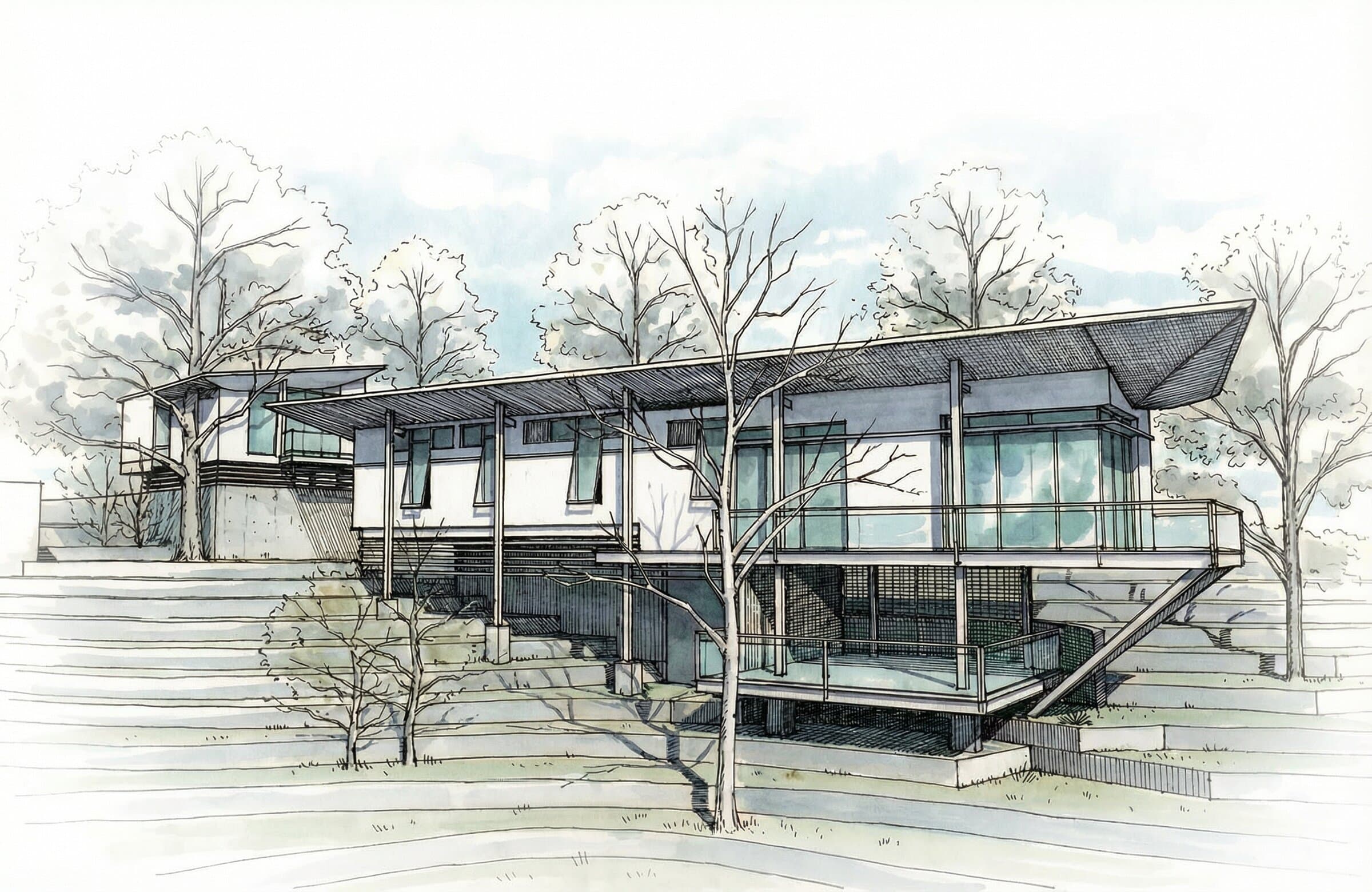 The main residence elevated on its pole frame structure among mature trees, wide overhanging roof and full-height glazing creating a pavilion in the bush