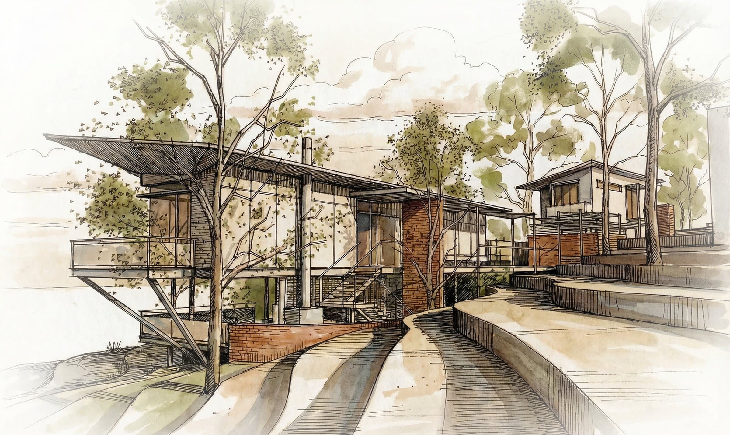 Approach view showing both buildings from the serpentine driveway, the main house elevated among trees on the left and the studio visible to the right